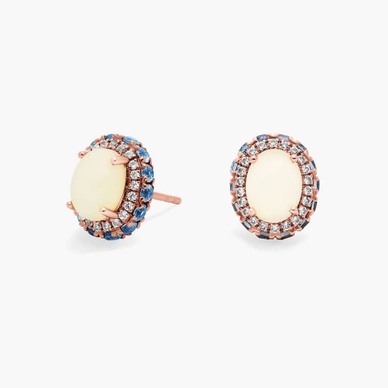 Oval Opal Earrings with Blue Topaz and White Sapphire Halo in 14k Rose Gold