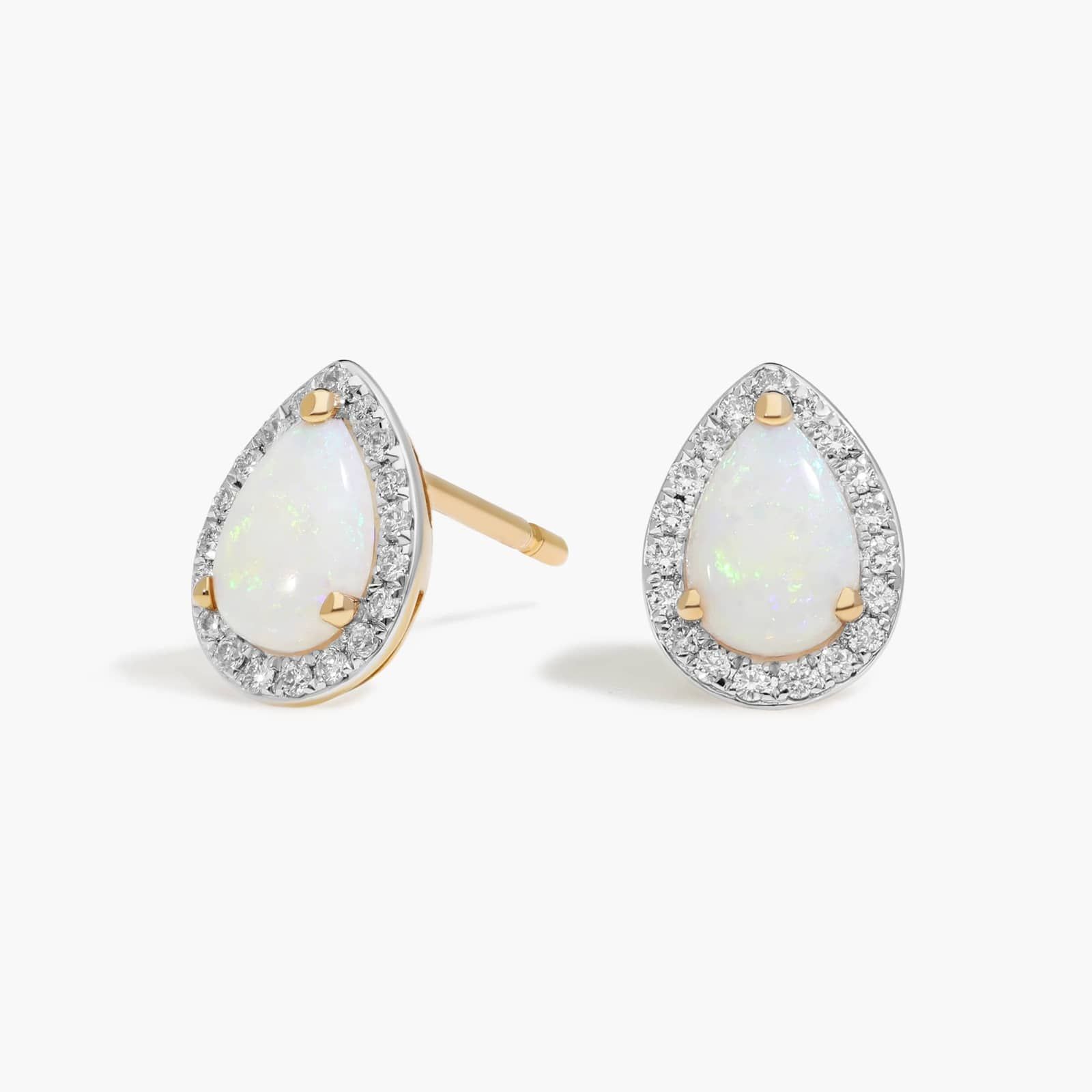 Opal and Diamond Halo Stud Earrings in 14k Yellow Gold 6x4mm