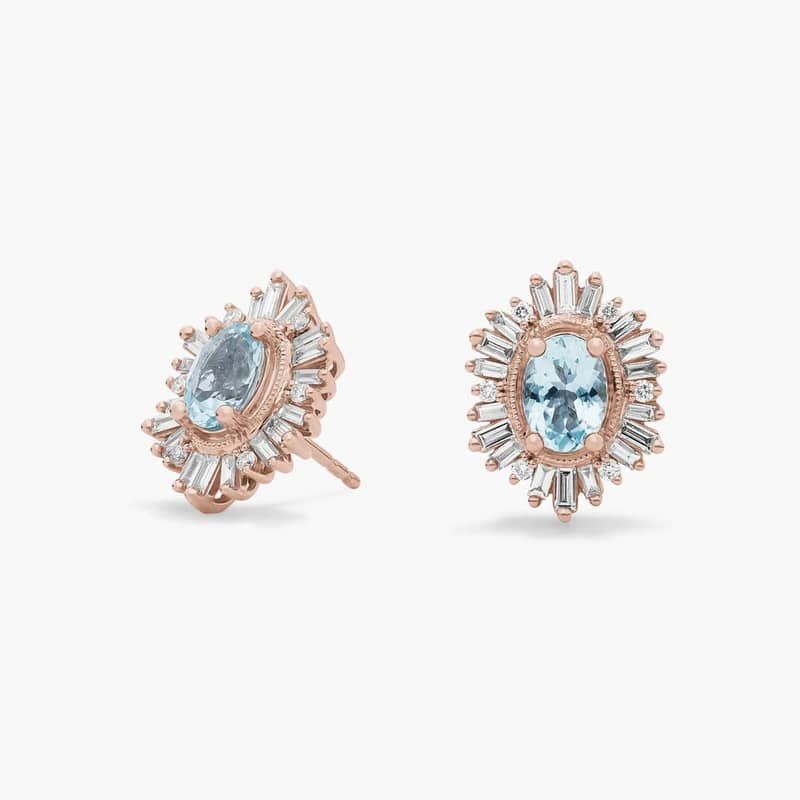 Oval Aquamarine with Baguette Halo Earrings in 14k Rose Gold (7x5mm)