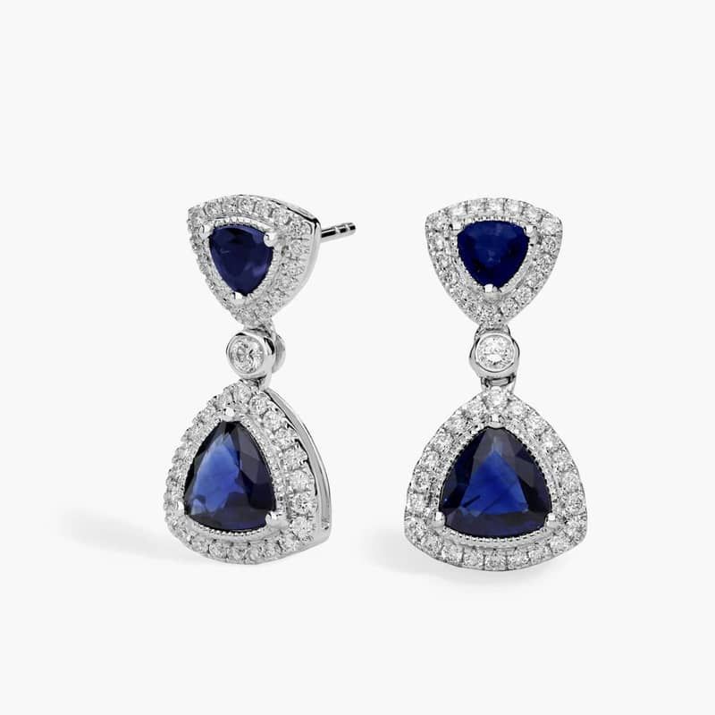 Extraordinary Collection: Trilliant Blue Sapphire with Diamond Halo Earrings in 18k White Gold