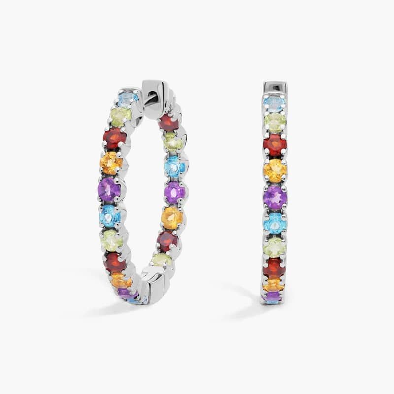 Multicolored Gemstone Hoop Earrings in Sterling Silver (2.5mm)