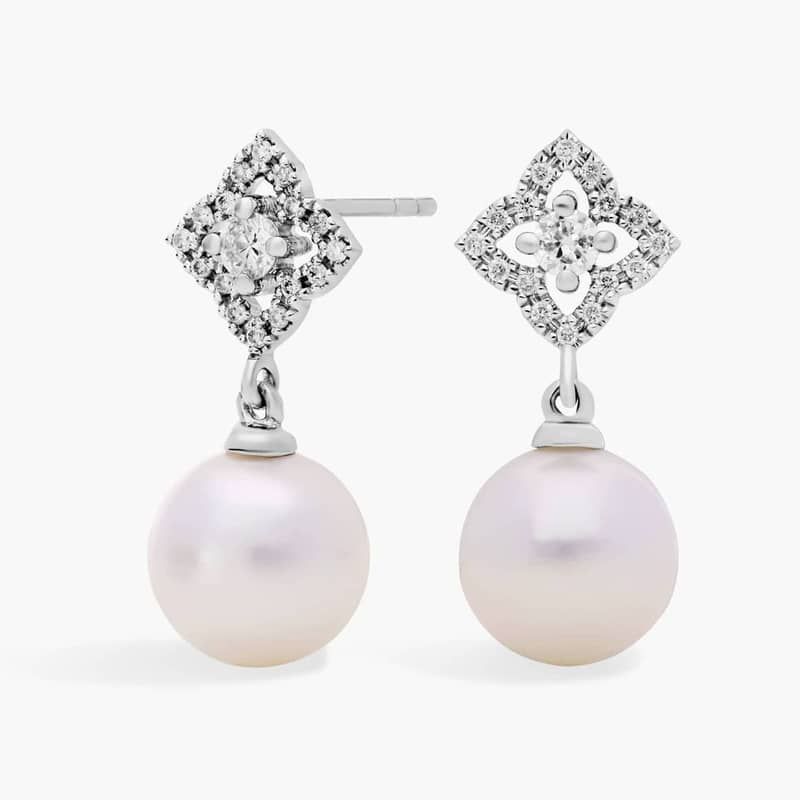 Petite Floral Fresh Water Cultured Pearl and Diamond Earrings in 14k White Gold