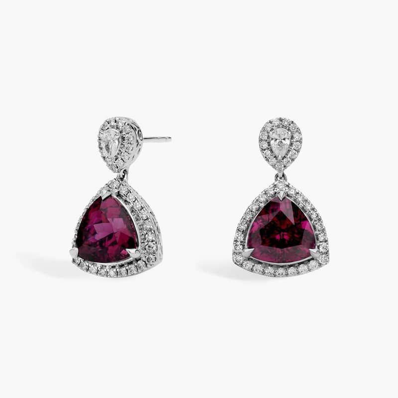 Extraordinary Collection: Trilliant Cut Purple Garnet and Diamond Earrings in 18k White Gold