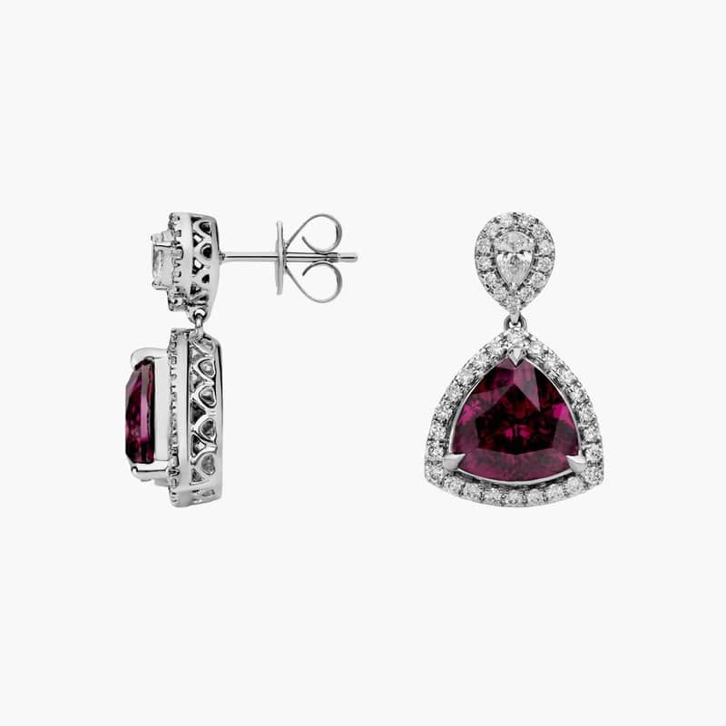 Extraordinary Collection: Trilliant Cut Purple Garnet and Diamond Earrings in 18k White Gold