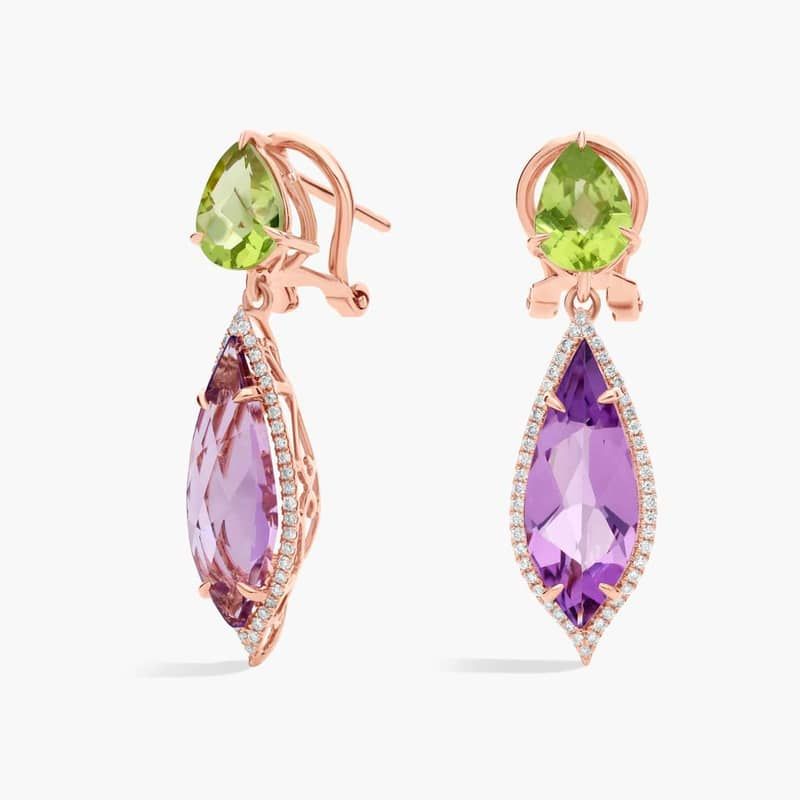 Peridot and Amethyst Diamond Drop Earrings in 14k Rose Gold