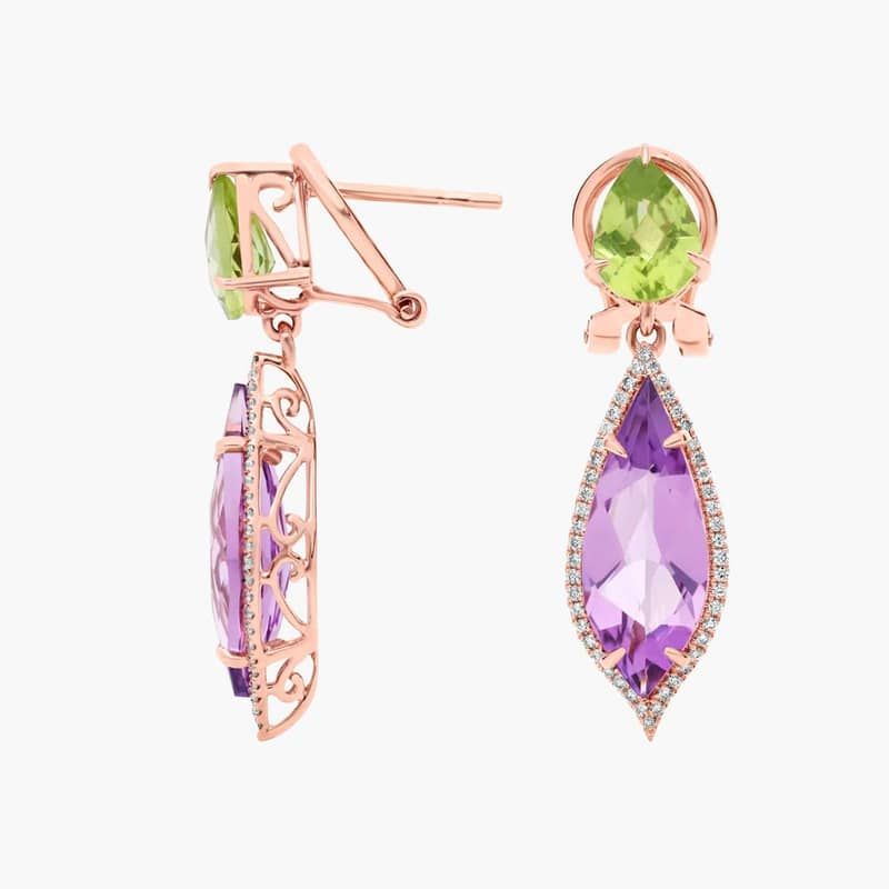 Peridot and Amethyst Diamond Drop Earrings in 14k Rose Gold