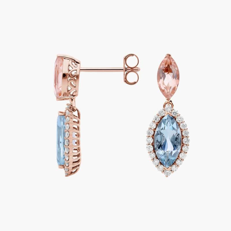 Morganite, Aquamarine and Diamond Drop Earrings in 14k Rose Gold