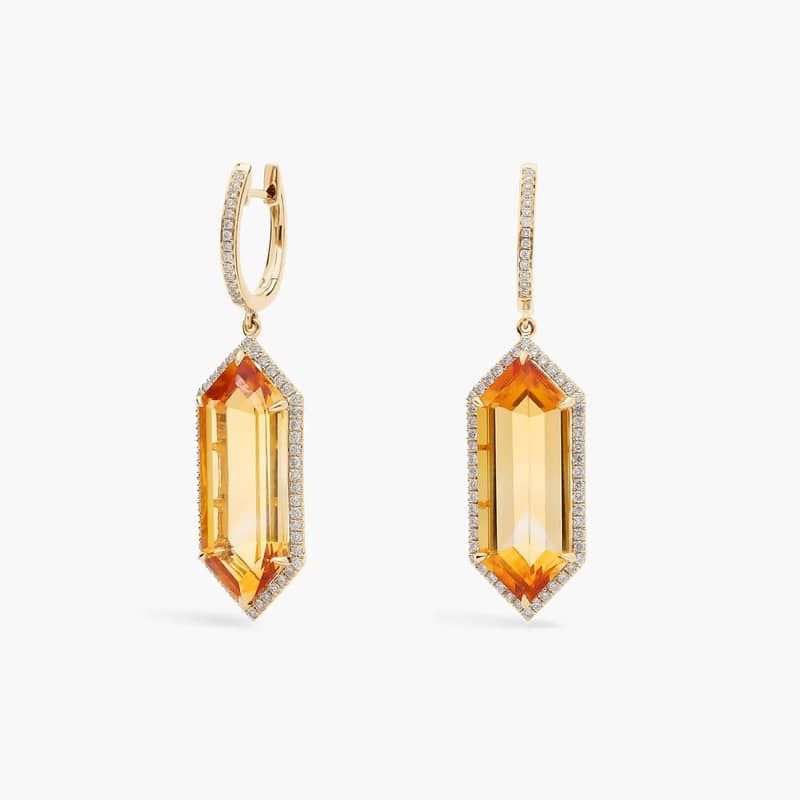 Hexagon Citrine and Diamond Drop Earrings in 14k Yellow Gold