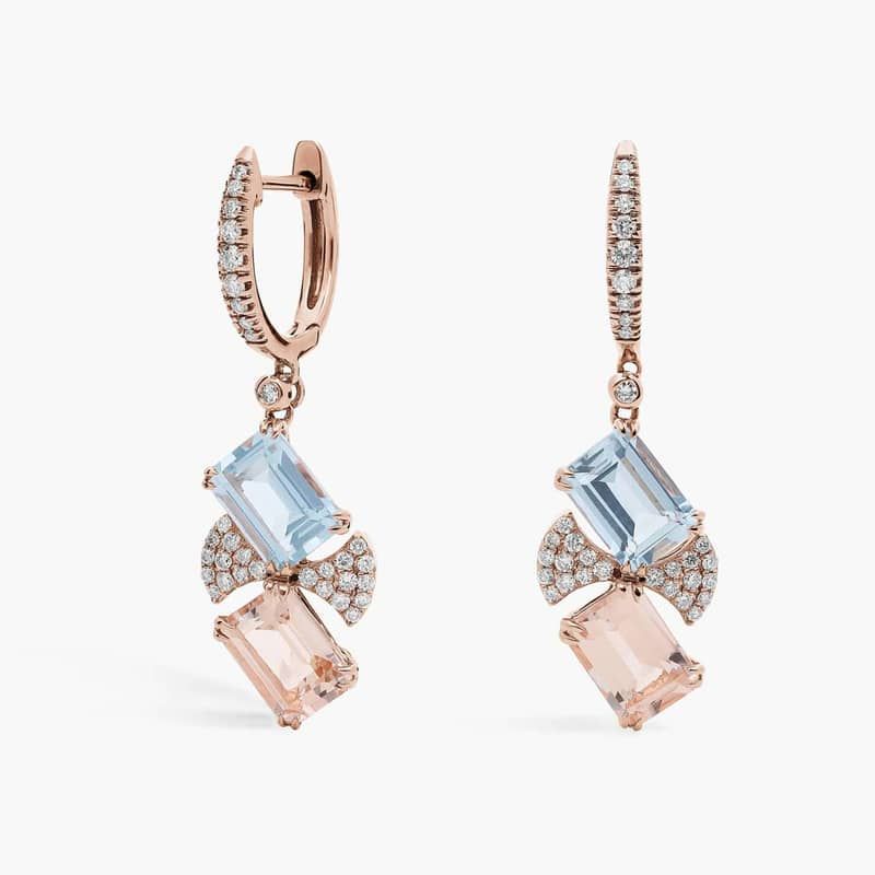 Aquamarine, Morganite and Diamond Drop Earrings in 14k Rose Gold