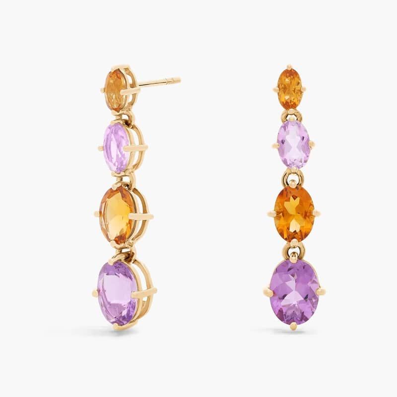Citrine and Amethyst Oval Drop Earrings in 14k Yellow Gold