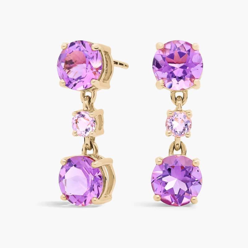 Amethyst and Rose de France Drop Earrings in 14K Yellow Gold