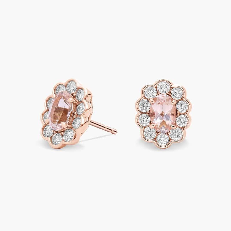 Morganite and Diamond Flower Earrings in 14k Rose Gold (6x4mm)