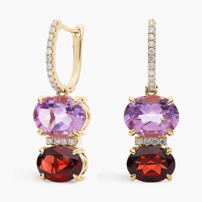 Garnet, Pink Amethyst and Diamond Drop Earrings in 14k Yellow Gold