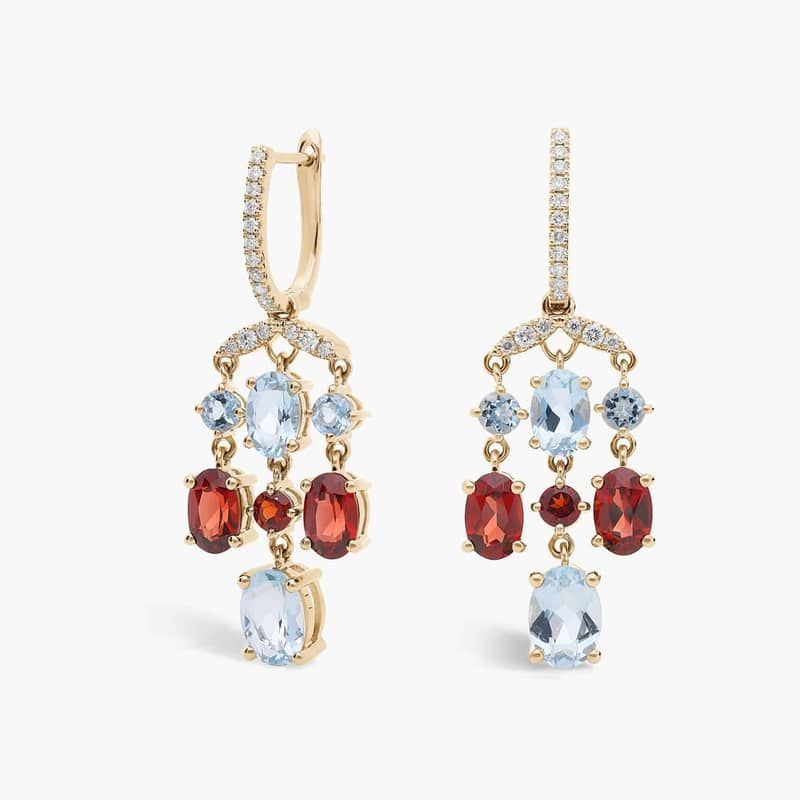 Garnet and Aquamarine Chandelier Earrings in 14k Yellow Gold