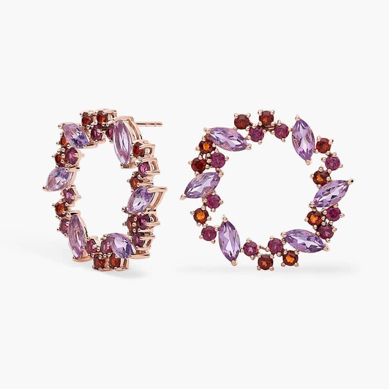 Rhodolite and Amethyst Wreath Shaped Earrings in 14k Rose Gold