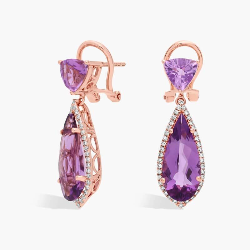 Trillion Cut Amethyst Drop Earrings in 14k Rose Gold