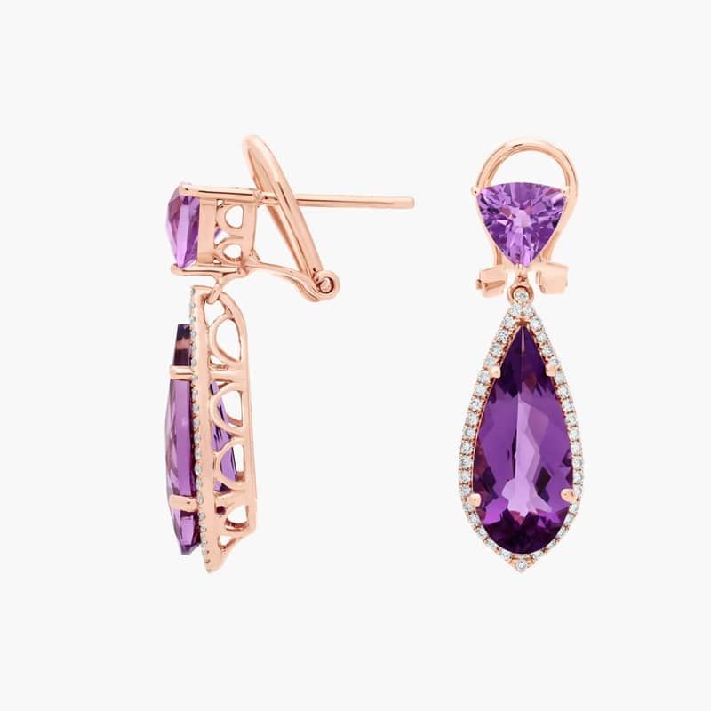 Trillion Cut Amethyst Drop Earrings in 14k Rose Gold