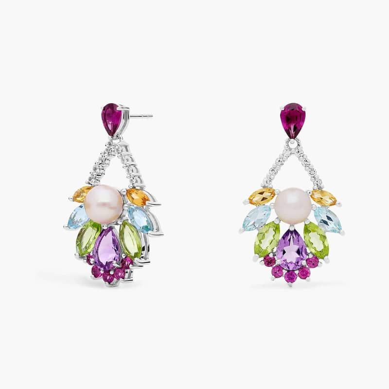 Pearl and Gemstone Chandelier Earrings in 14k White Gold