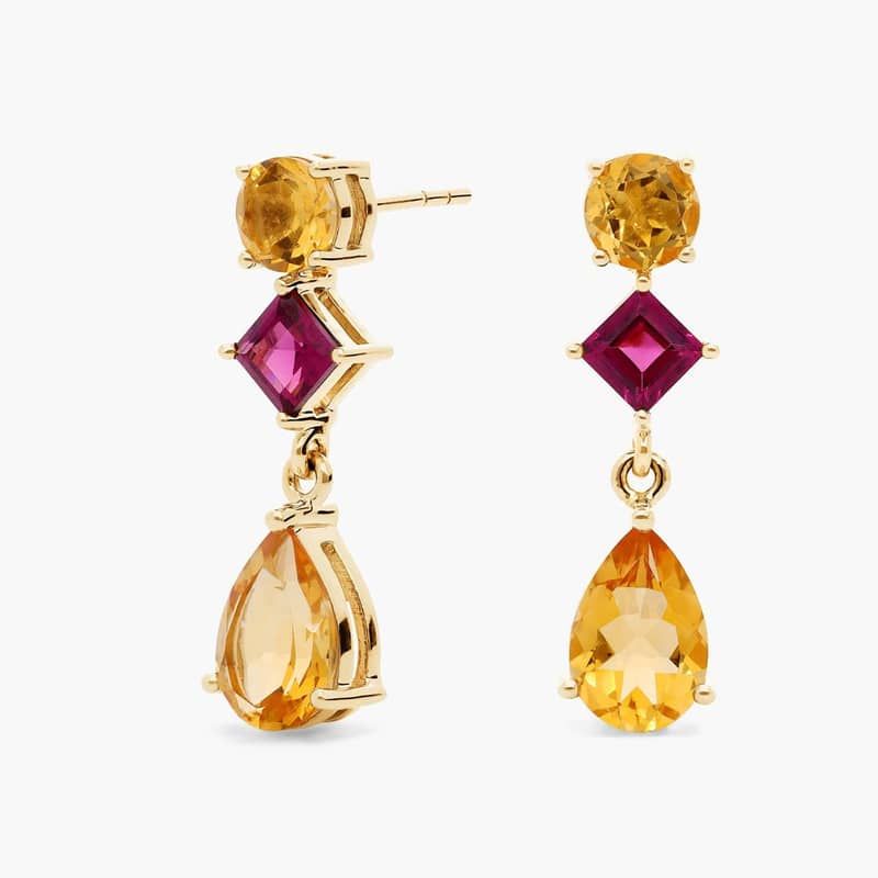Citrine and Rhodolite Mixed Shape Drop Earrings in 14k Yellow Gold