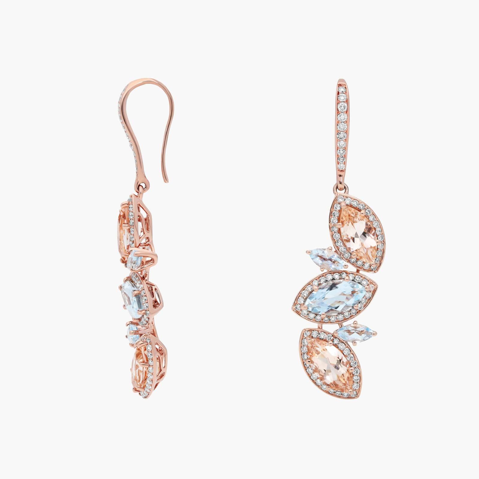Morganite and Aquamarine Diamond Drop Earrings in 14k Rose Gold