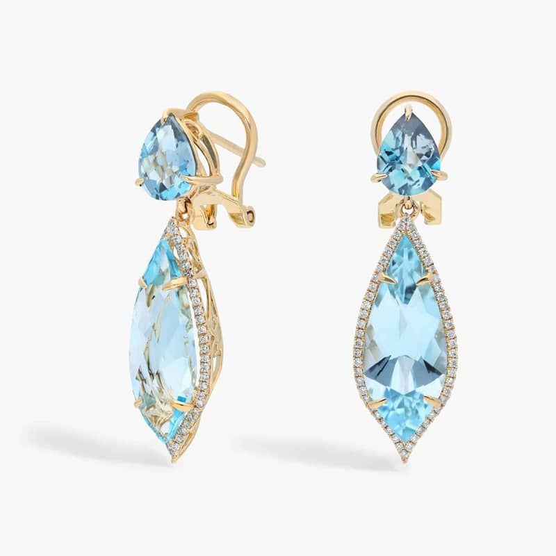Sky Blue and London Blue Topaz with Diamond Drop Earrings in 14k Yellow Gold