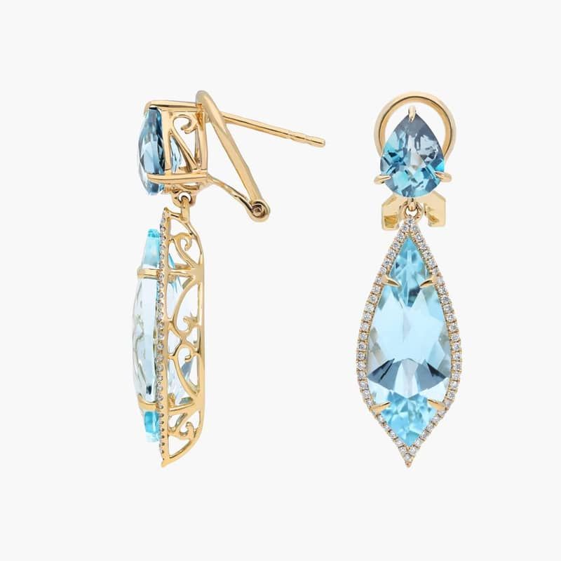 Sky Blue and London Blue Topaz with Diamond Drop Earrings in 14k Yellow Gold