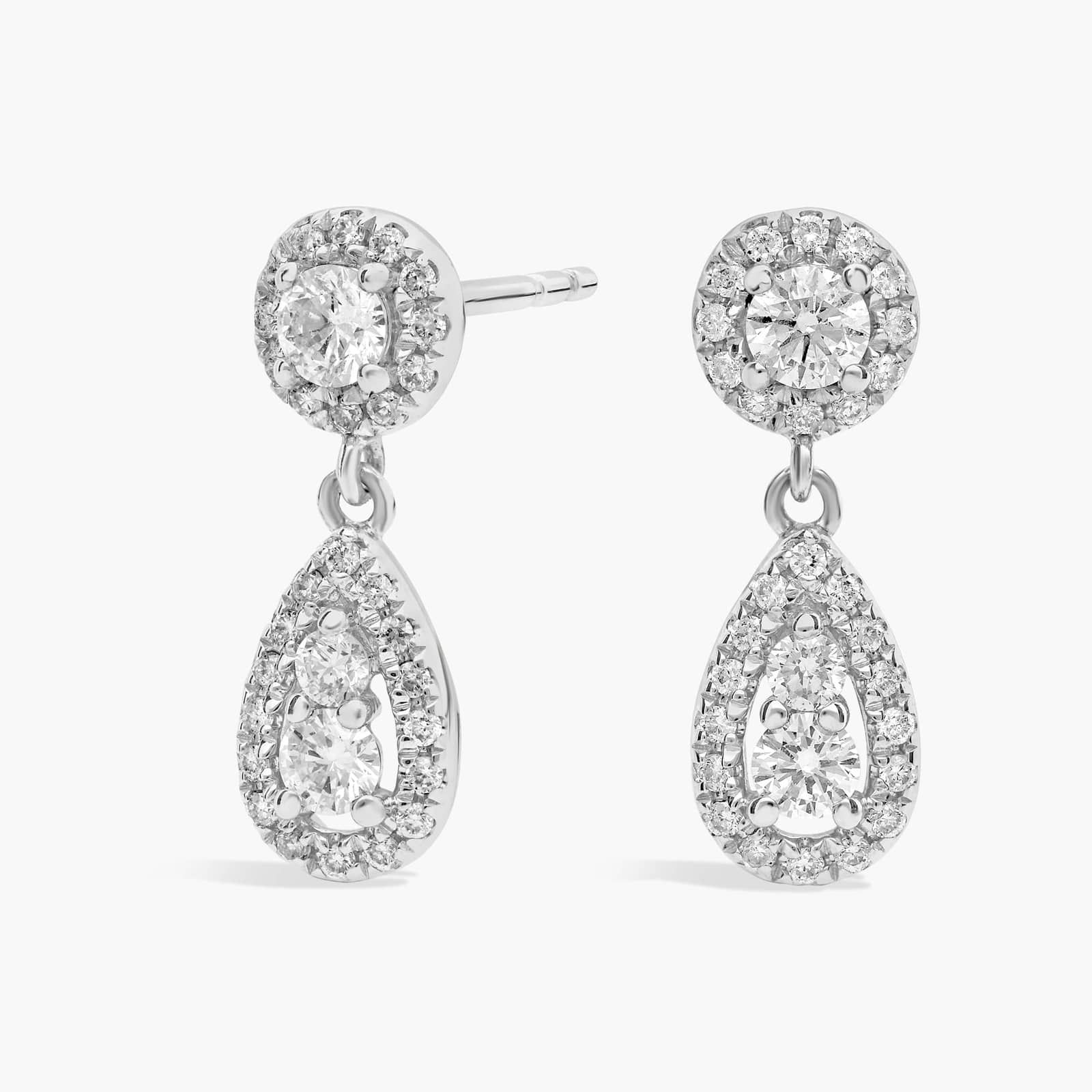 Diamond Halo Drop Earrings In 14k White Gold 1 2 Ct Tw