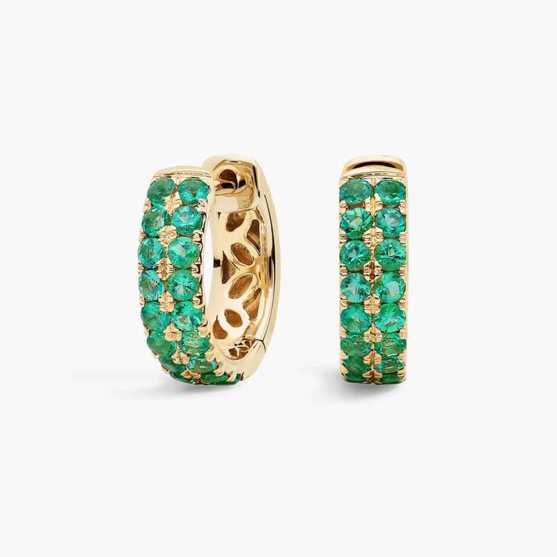 Emerald Double Row Huggie Earrings in 14k Yellow Gold