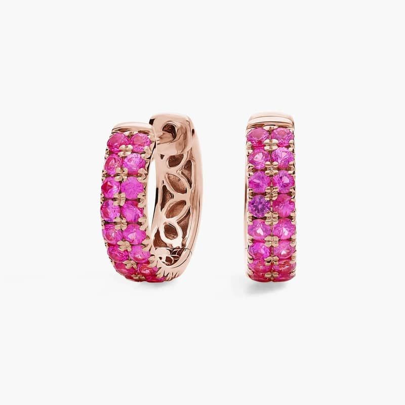 Pink Sapphire Double Row Huggie Earrings in 14k Rose Gold