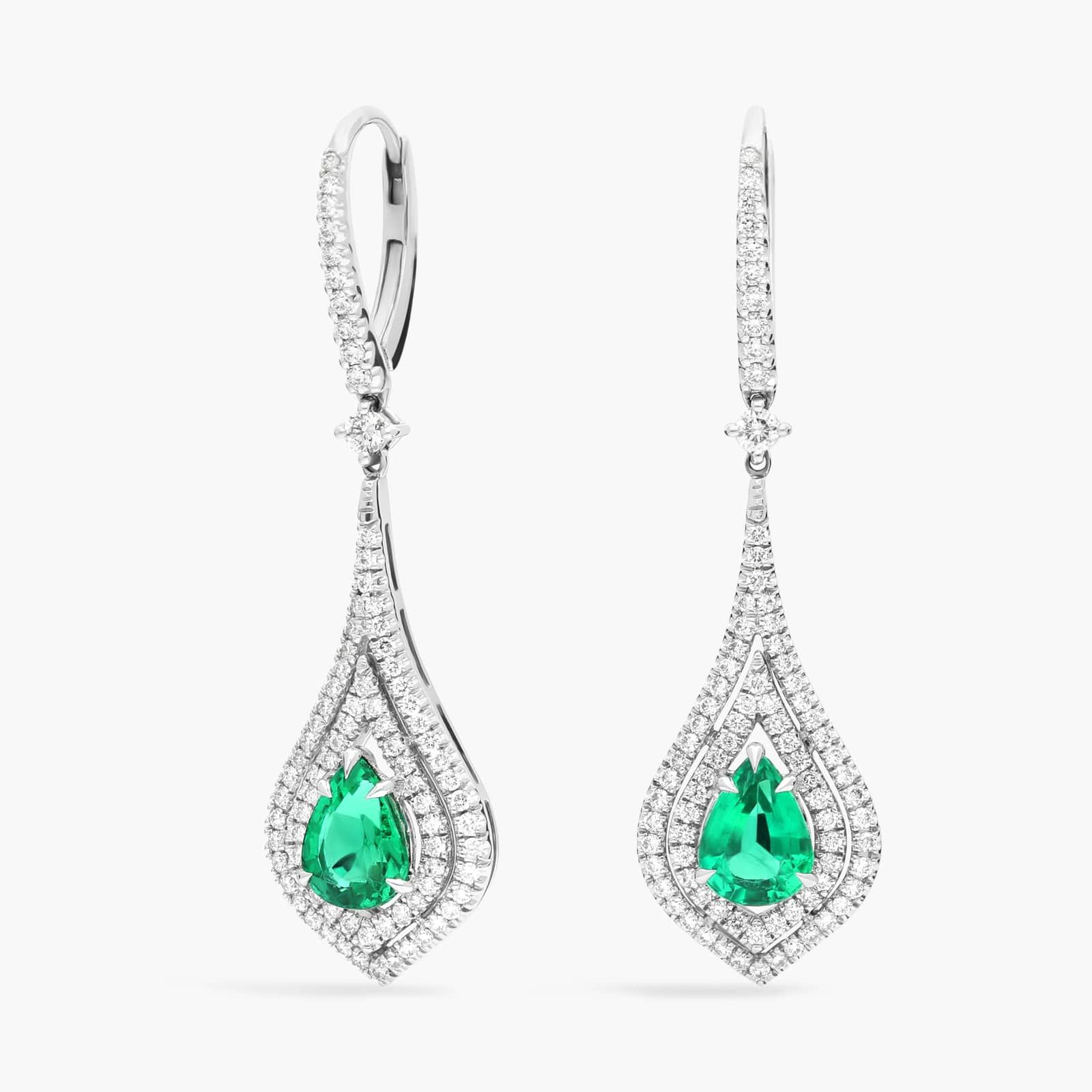 Pear Shape Emerald Double Halo Diamond Drop Earrings in 18k White Gold (8x6mm)