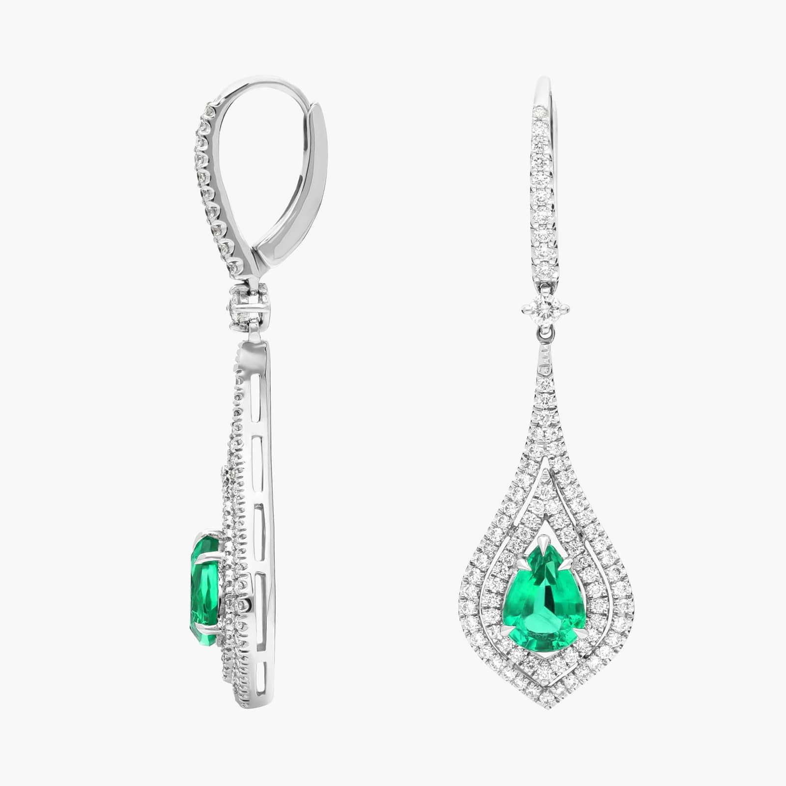 Pear Shape Emerald Double Halo Diamond Drop Earrings in 18k White Gold (8x6mm)