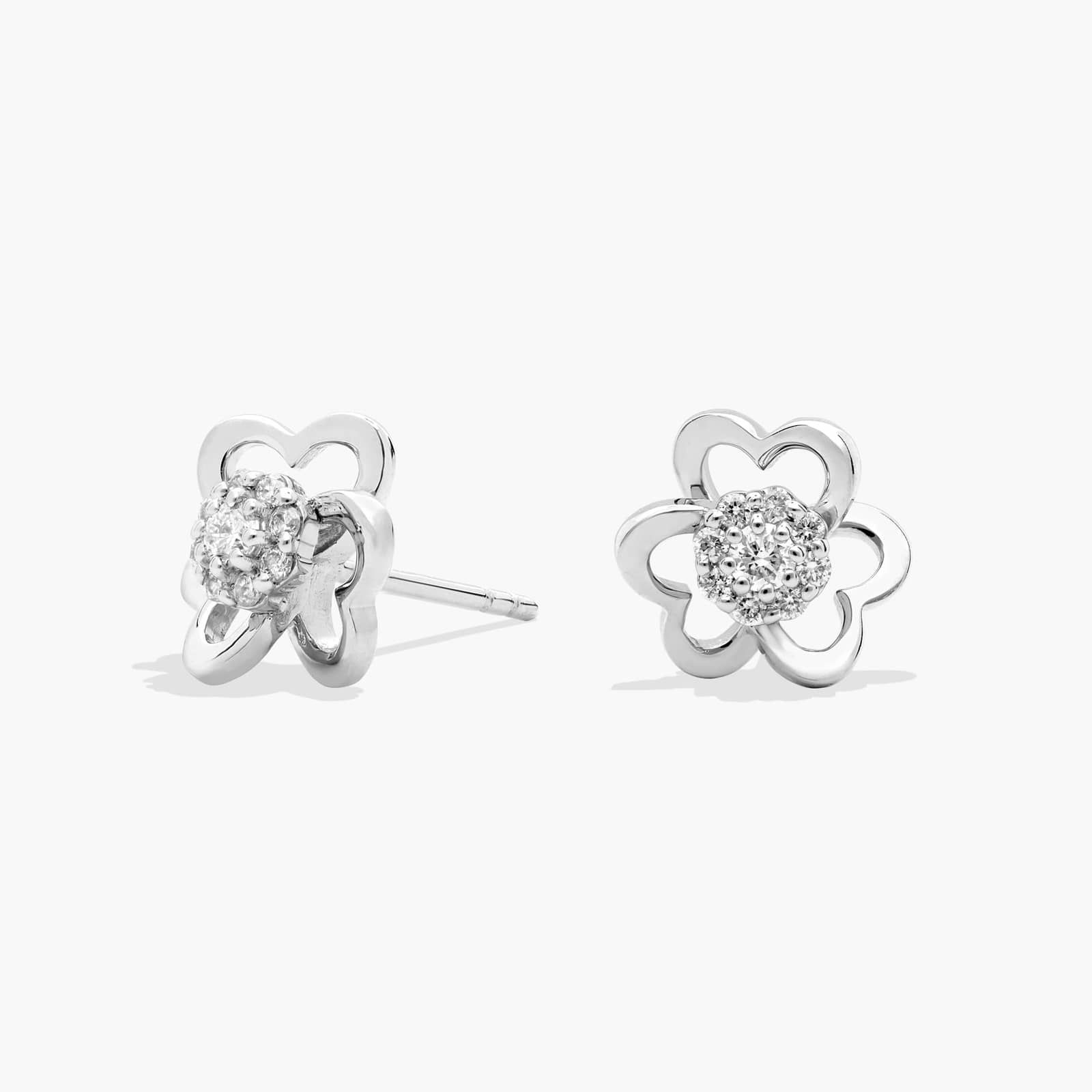 Heart Petal Diamond Flower Stud Earrings in 14K White Gold (1/7 Ct