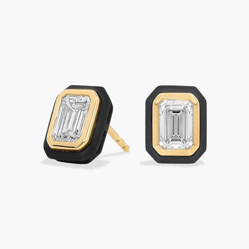 Lab Grown Emerald Cut Diamond Bezel Studs in 14K Yellow and Black Gold (2 Ct. Tw.)