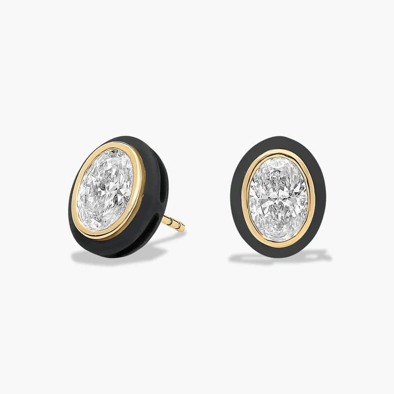 Lab Grown Oval Cut Diamond Bezel Studs in 14K Yellow and Black Gold (2 Ct. Tw.)