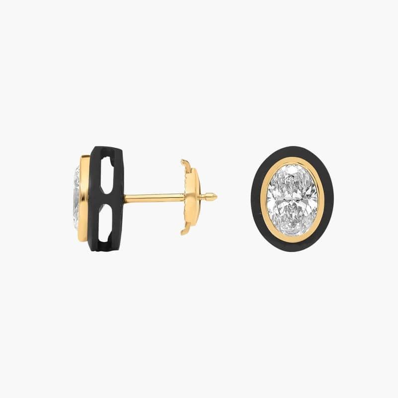 Lab Grown Oval Cut Diamond Bezel Studs in 14K Yellow and Black Gold (2 Ct. Tw.)