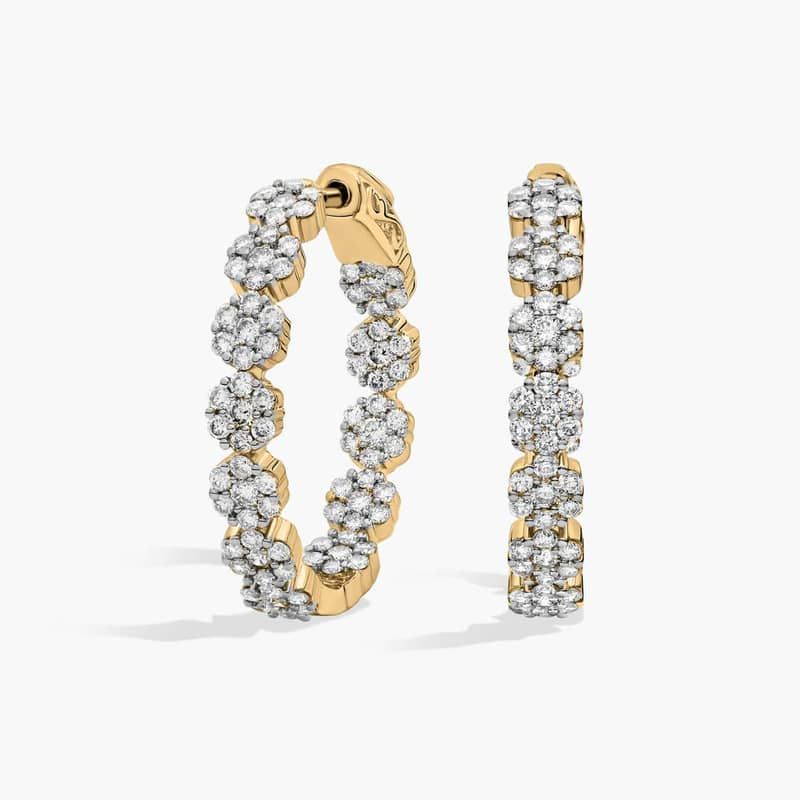 Diamond Flower Cluster Eternity Hoop Earrings In 14K Yellow Gold (2 1/2 Ct. Tw.)