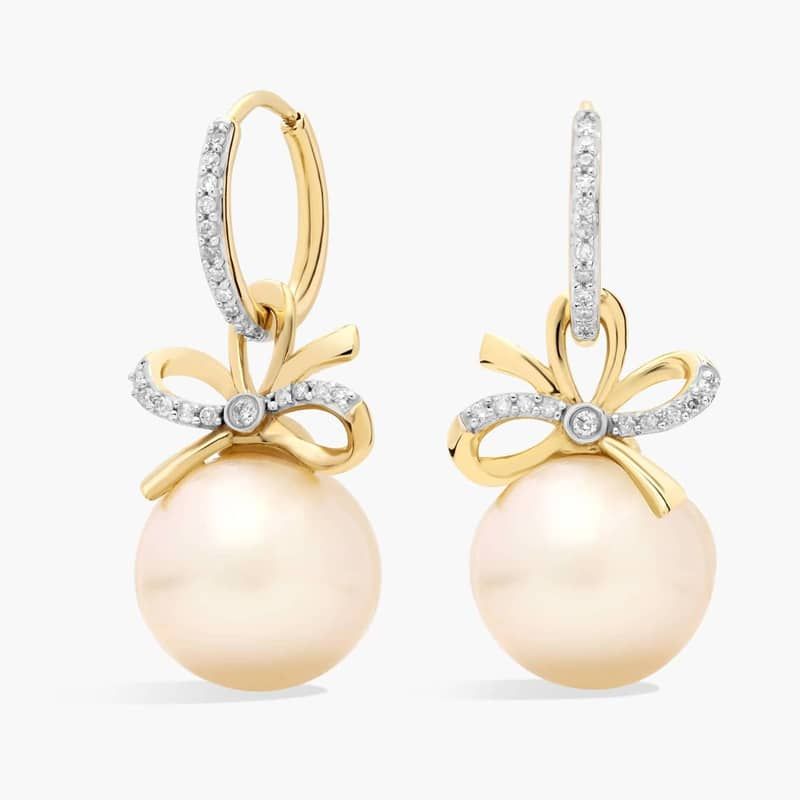 Golden South Sea Pearl and Diamond Bow Drop Earrings in 14k Yellow Gold (1/4 Ct. Tw.)