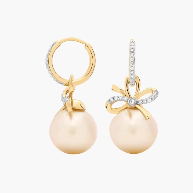 Golden South Sea Pearl and Diamond Bow Drop Earrings in 14k Yellow Gold (1/4 Ct. Tw.)