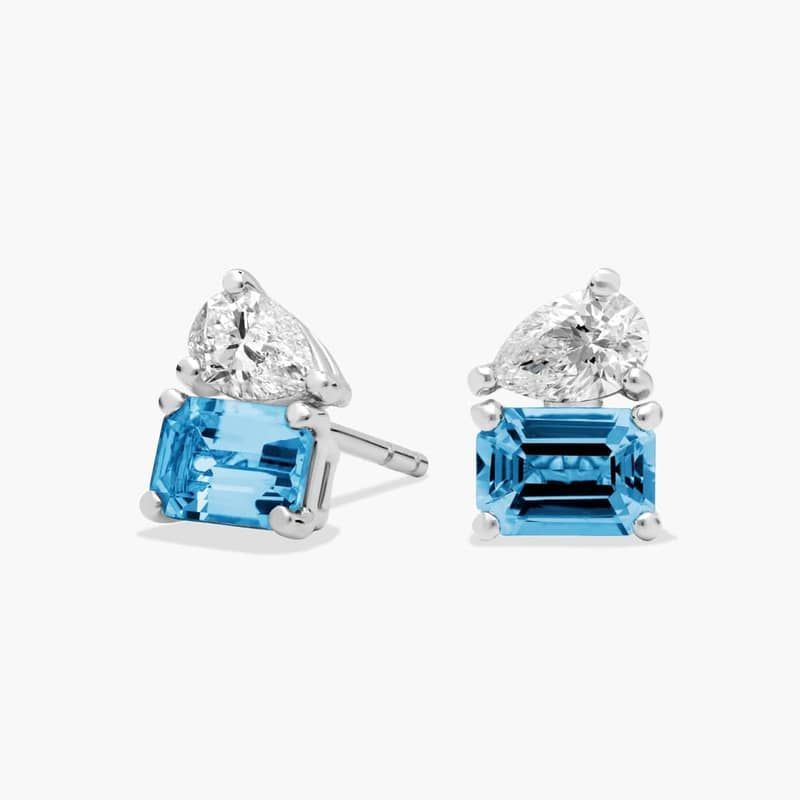 Lab Grown Diamond and and Blue Topaz Two Stone Stud Earrings in 14k White Gold