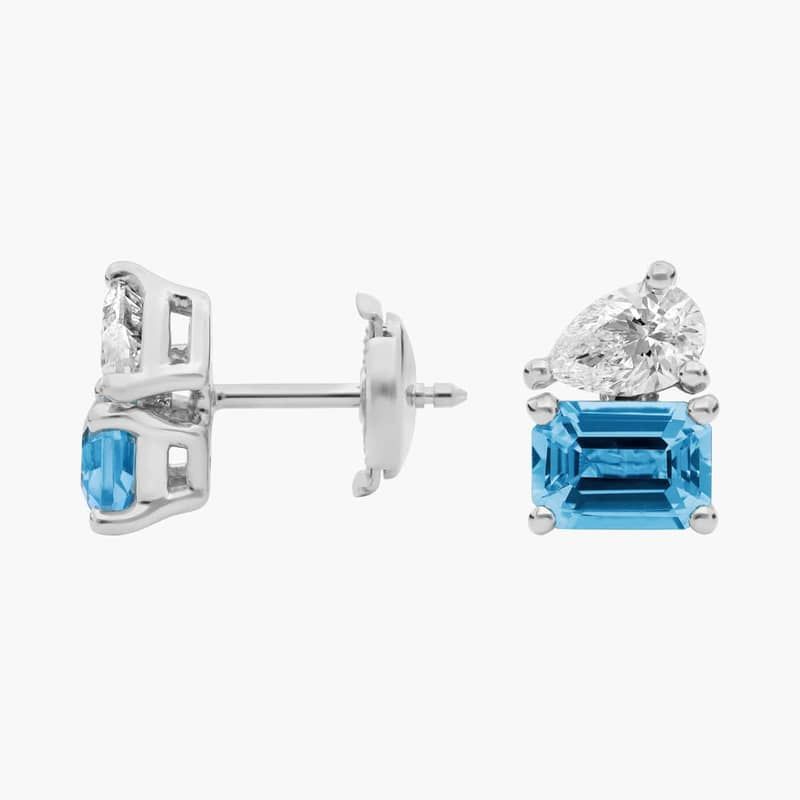 Lab Grown Diamond and and Blue Topaz Two Stone Stud Earrings in 14k White Gold