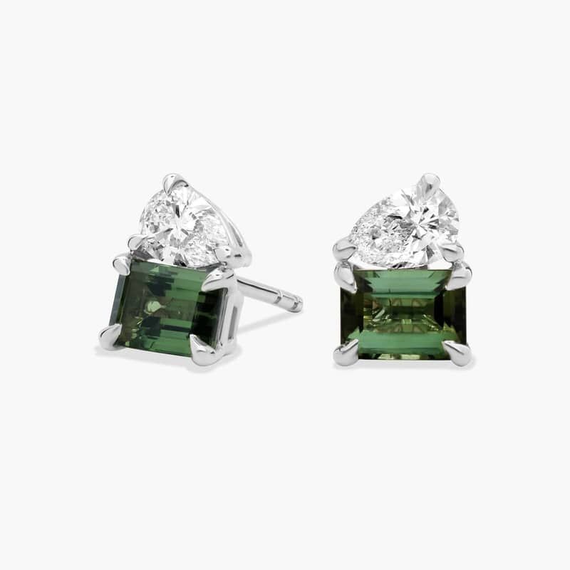 Lab Grown Diamond and Tourmaline Two Stone Stud Earrings in 14k White Gold