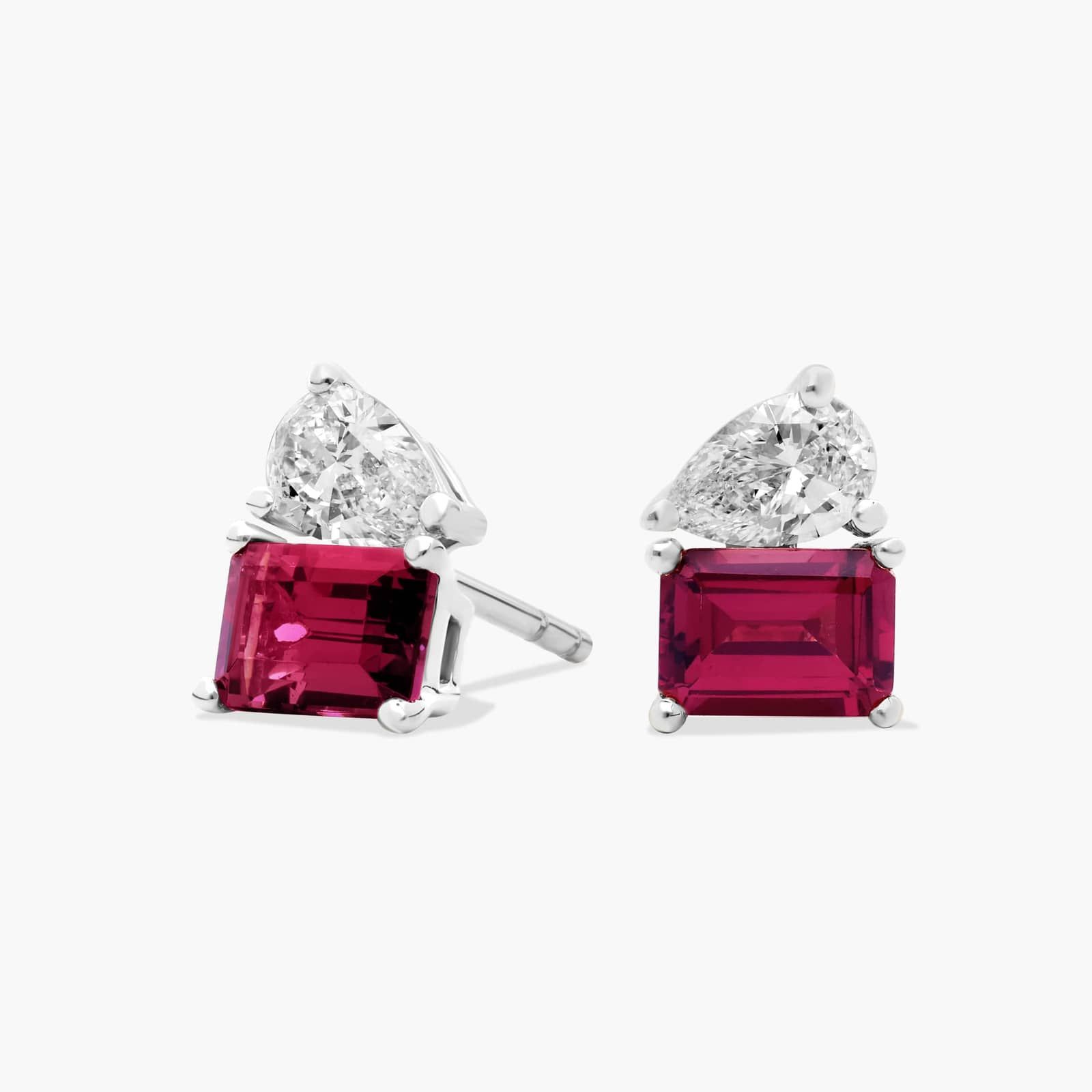 Lab Grown Diamond and Rhodolite Two Stone Stud Earrings in 14k White Gold