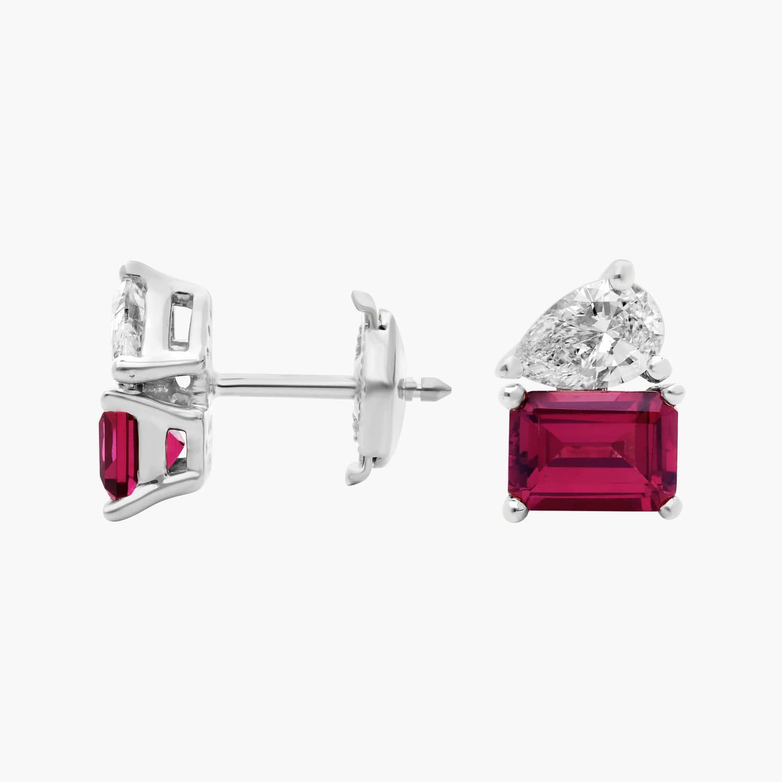 Lab Grown Diamond and Rhodolite Two Stone Stud Earrings in 14k White Gold