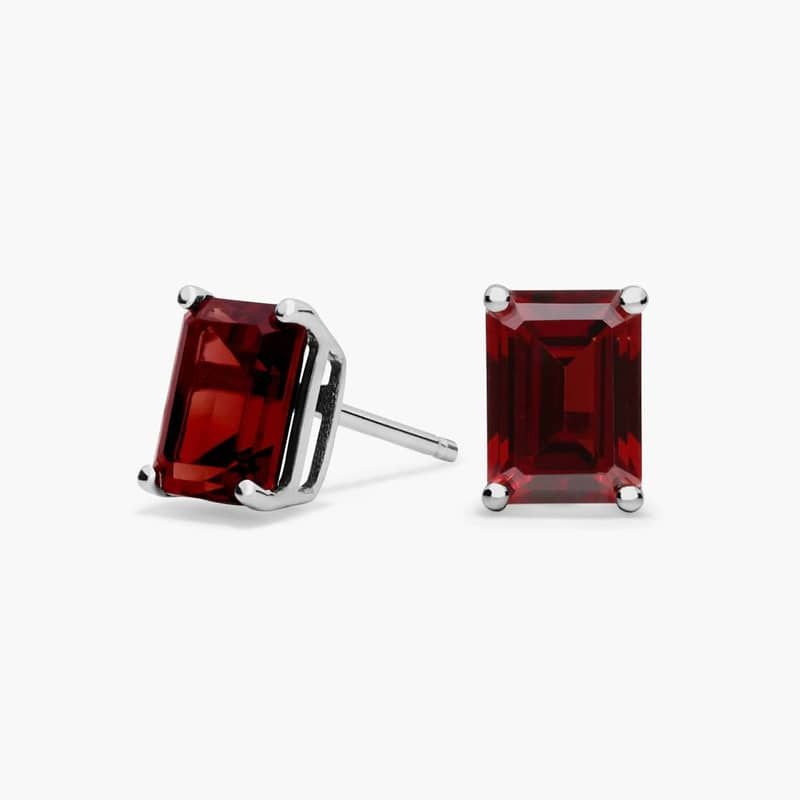 Emerald Cut Birthstone Garnet Stud Earrings in 14K White Gold (7x5mm)