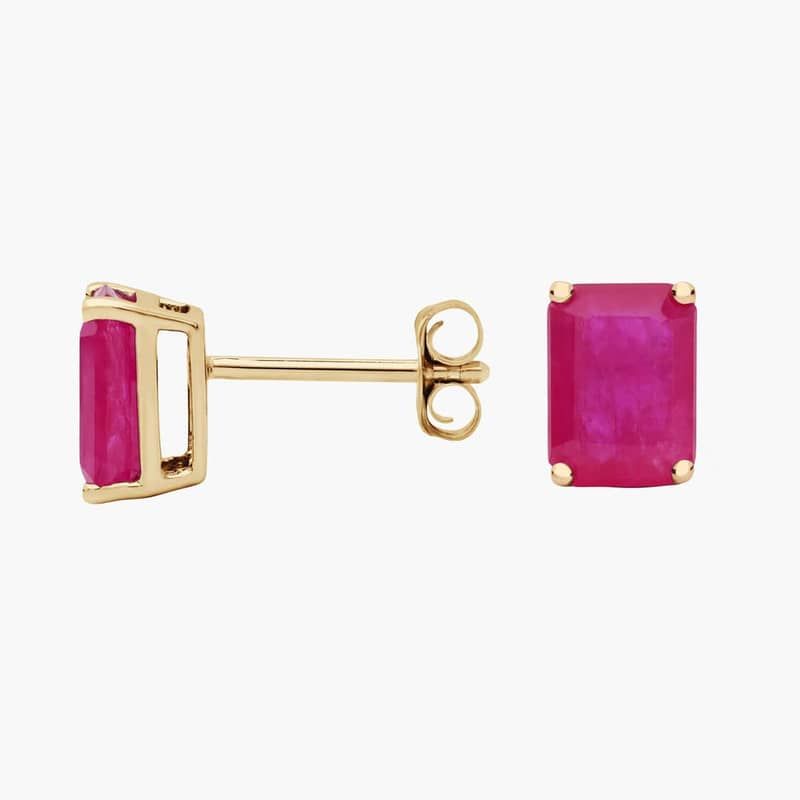 Emerald Cut Birthstone Ruby Stud Earrings in 14K Yellow Gold (7x5mm)