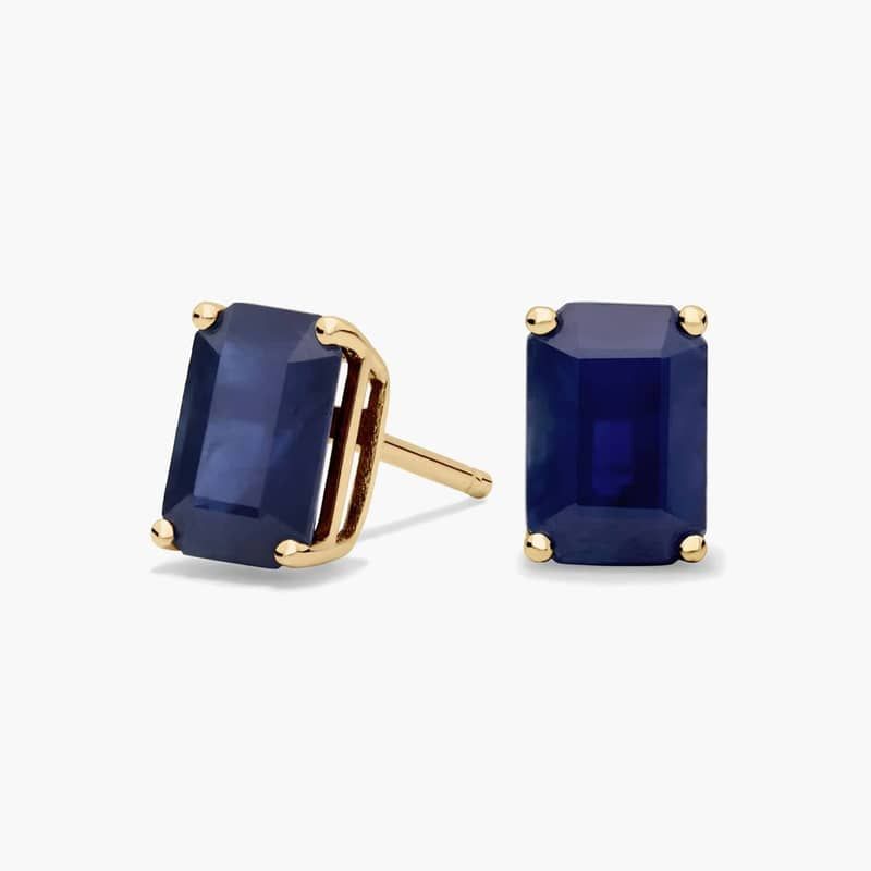 Emerald Cut Birthstone Sapphire Stud Earrings in 14K Yellow Gold (7x5mm)