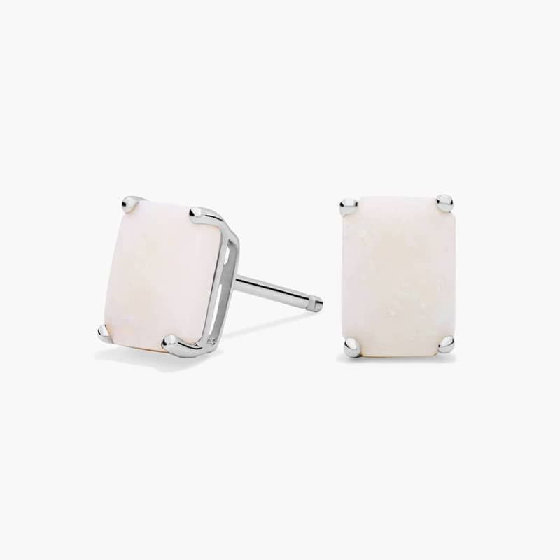 Emerald Cut Birthstone Opal Stud Earrings in 14K White Gold (7x5mm)