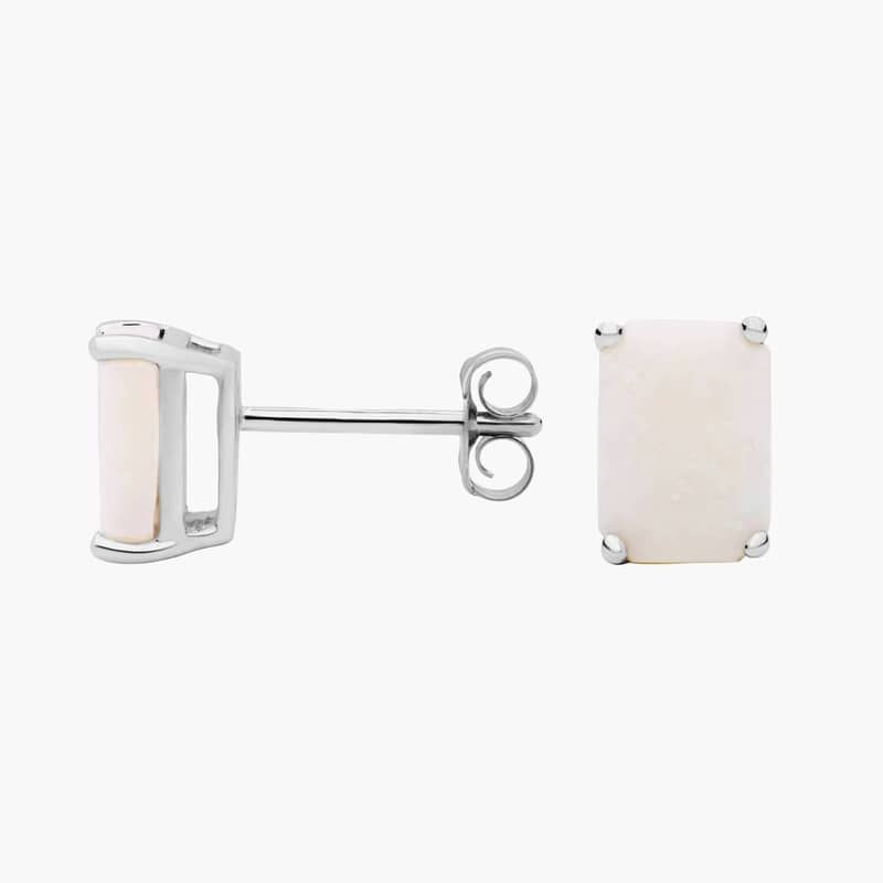 Emerald Cut Birthstone Opal Stud Earrings in 14K White Gold (7x5mm)