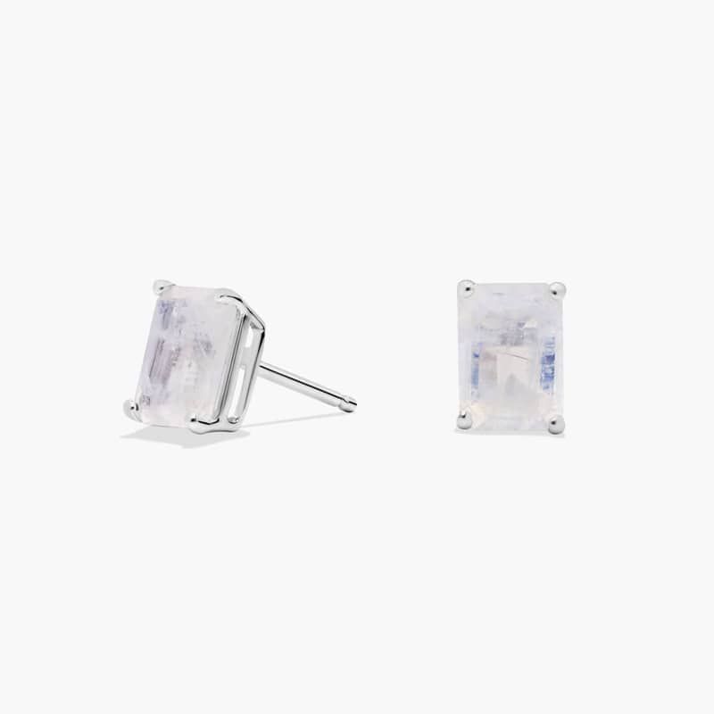 Emerald Cut Birthstone Moonstone Stud Earrings in 14K White Gold (7x5mm)