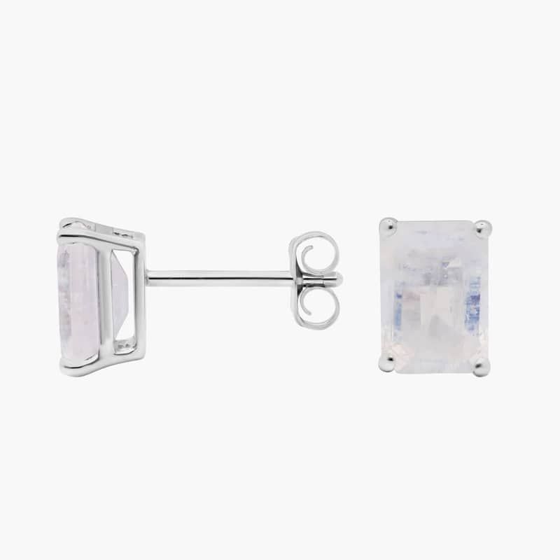 Emerald Cut Birthstone Moonstone Stud Earrings in 14K White Gold (7x5mm)